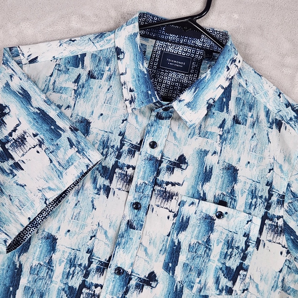 7Diamonds Shirt Mens Large Blue Groundwork 4 Way Stretch Short Sleeve Button Up